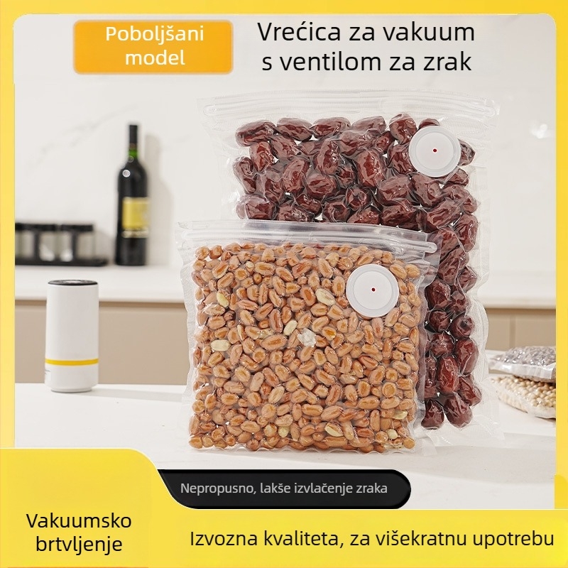 Unaprijeđena vakuumska vrećica za hranu s teksturiranim ventilom za vakuumsko brtvljenje i očuvanje kuhanih namirnica
