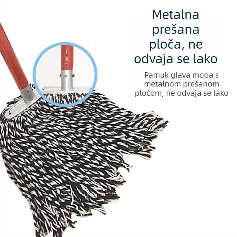 Staromodni mop od pamuka s drvenom šipkom, ručno stiskanje, okrugla glava, upijajući pamuk, za kućne i školske podove.