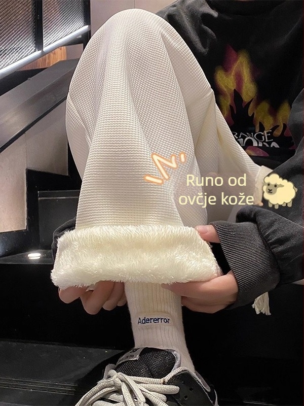 Muške hlače od ovčje vune s fleec podstavom, zimske, američkog stila, opuštena široka ravna kroja, tople i udobne sportske hlače