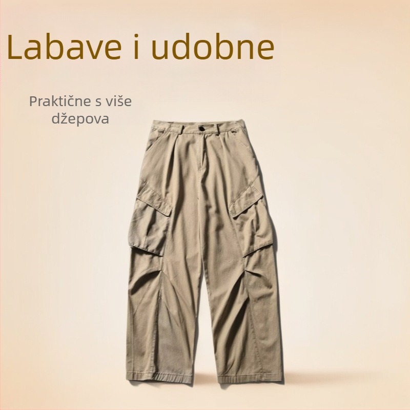 Muške hlače radnog stila ravnog kroja sa širokim nogama, američki retro streetwear, casual hlače, 2024 izdanje.