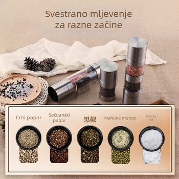 Ručni mlin za crni papar od nehrđajućeg čelika s dvostrukom glavom i mini posudom za začine (szecsuanski papar)