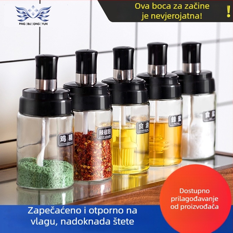 Stakleni kuhinjski set posuda za začine s integriranim poklopcem i solnicom