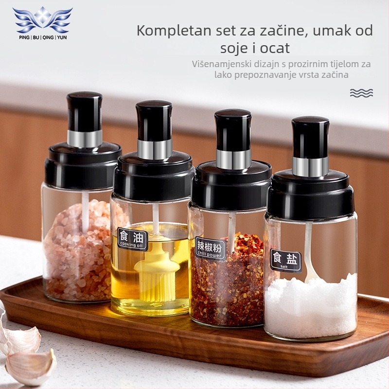 Stakleni kuhinjski set posuda za začine s integriranim poklopcem i solnicom
