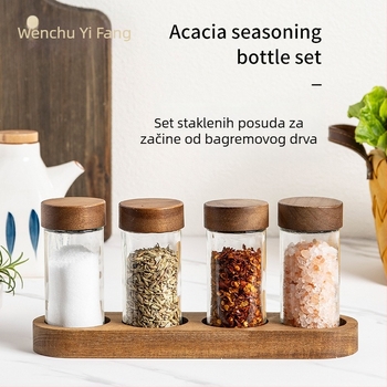 Staklena posudica za začine s poklopcem od akacije i podlogom — četverodjelni kuhinjski set posudica za začine, kumin za roštilj