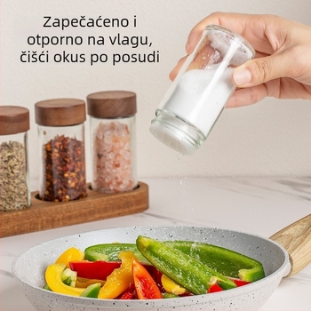 Staklena posudica za začine s poklopcem od akacije i podlogom — četverodjelni kuhinjski set posudica za začine, kumin za roštilj