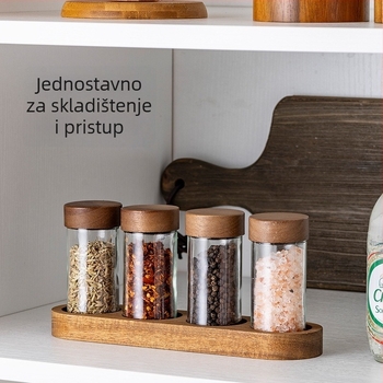 Staklena posudica za začine s poklopcem od akacije i podlogom — četverodjelni kuhinjski set posudica za začine, kumin za roštilj