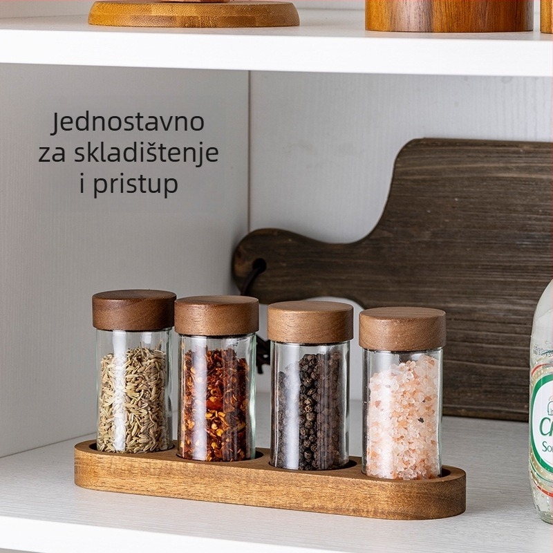 Staklena posudica za začine s poklopcem od akacije i podlogom — četverodjelni kuhinjski set posudica za začine, kumin za roštilj