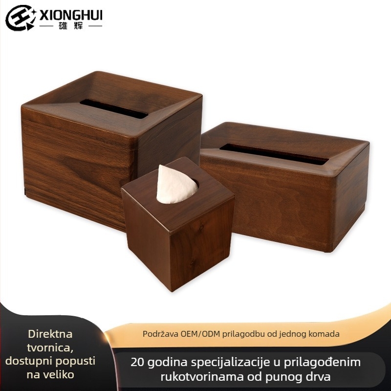 Drvena kutija za papirne ubruse od crnog oraha, konkavni dugi oblik, kvadratna stolna kutija za hotelske sobe, prilagodljiv logotip