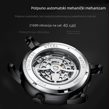 Bingada muški sat – vodootporni automatski mehanički sat, klasičan stil, model 1984, kućište i narukvica od nehrđajućeg čelika, okrugli brojčanik 43,5 mm, debljina 14 mm, prozirni stražnji poklopac, luminozne kazaljke