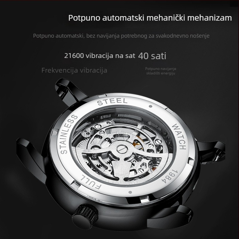 Bingada muški sat – vodootporni automatski mehanički sat, klasičan stil, model 1984, kućište i narukvica od nehrđajućeg čelika, okrugli brojčanik 43,5 mm, debljina 14 mm, prozirni stražnji poklopac, luminozne kazaljke