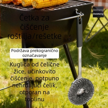Dugačak drška četka od nehrđajućeg čelika za kuhinju – za lonce, pećnicu i roštilj, četka s metalnom kuglom
