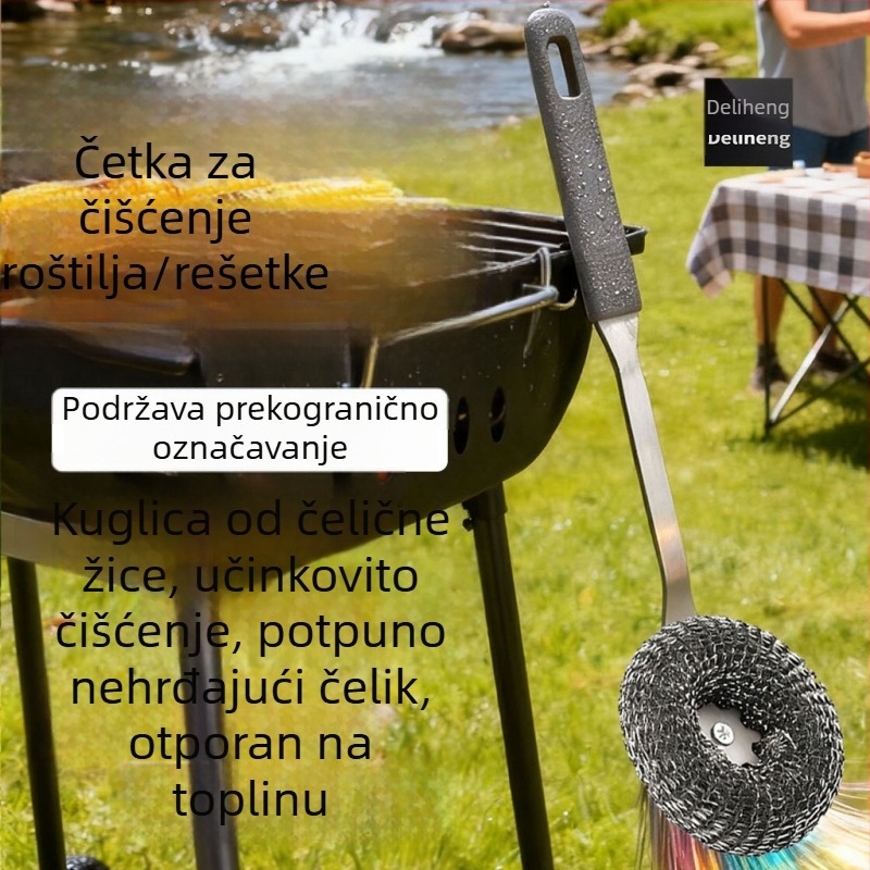 Dugačak drška četka od nehrđajućeg čelika za kuhinju – za lonce, pećnicu i roštilj, četka s metalnom kuglom