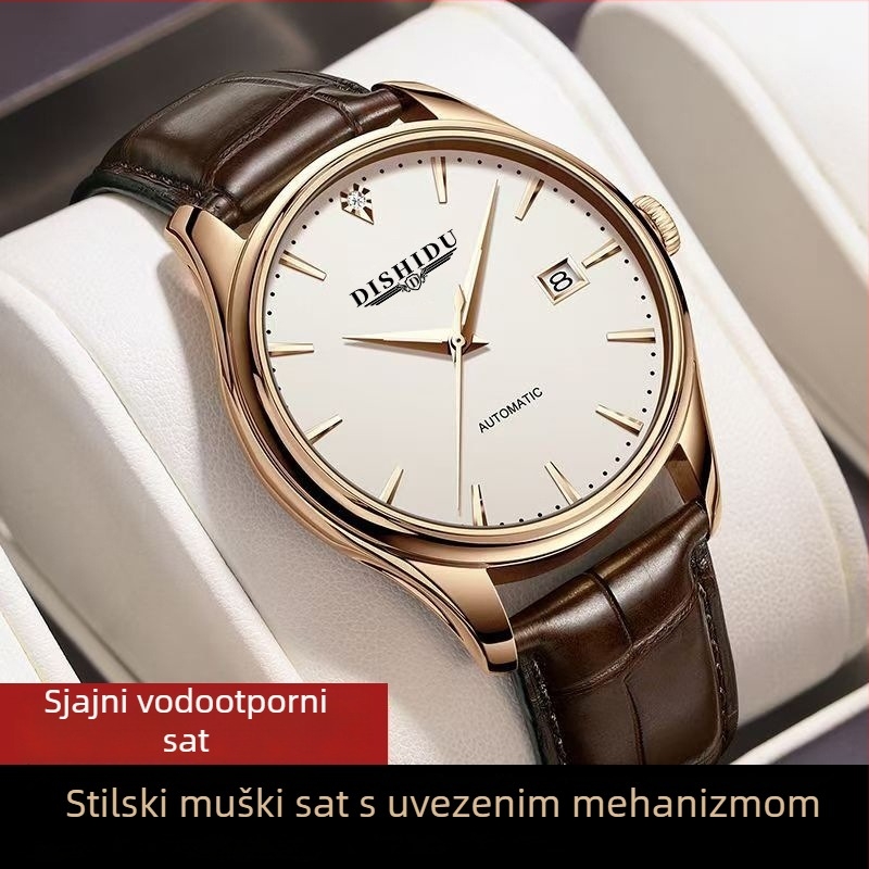 Nova ručno navijana mehanički muški sat, minimalistički dizajn, kućište od nehrđajućeg čelika 40 mm, safirno staklo, kožni remen, vodootpornost do 10 m