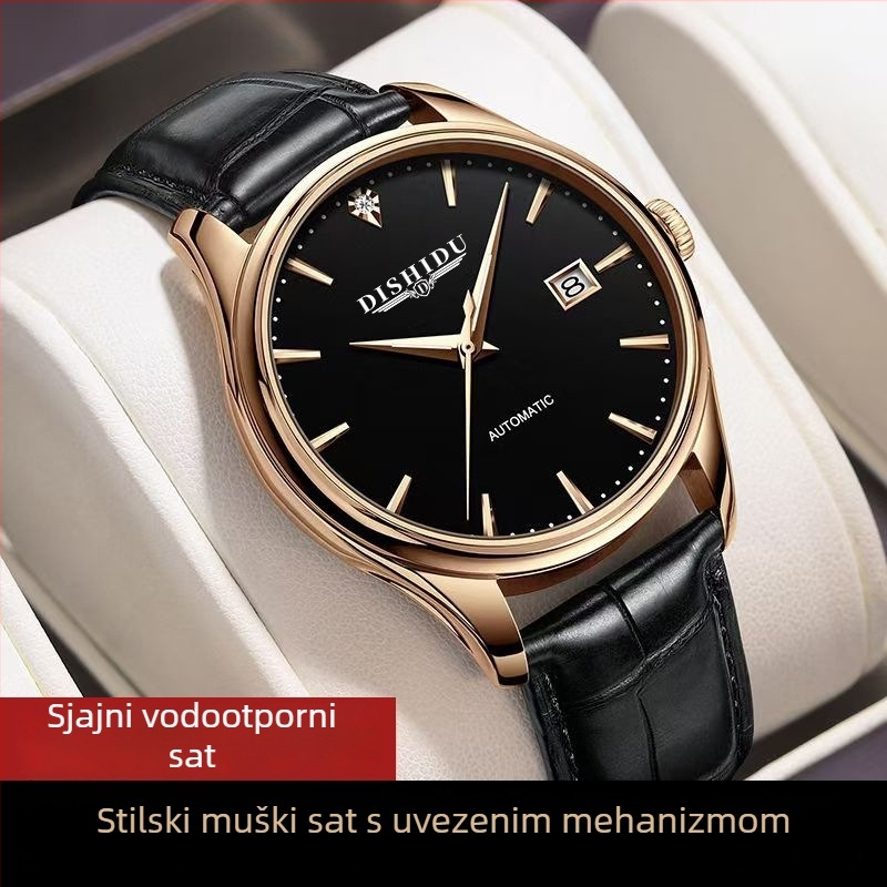 Nova ručno navijana mehanički muški sat, minimalistički dizajn, kućište od nehrđajućeg čelika 40 mm, safirno staklo, kožni remen, vodootpornost do 10 m