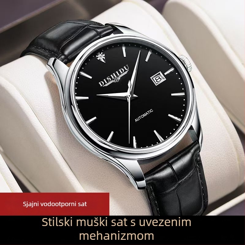 Nova ručno navijana mehanički muški sat, minimalistički dizajn, kućište od nehrđajućeg čelika 40 mm, safirno staklo, kožni remen, vodootpornost do 10 m