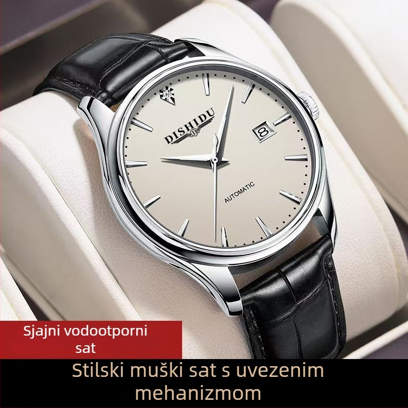 Nova ručno navijana mehanički muški sat, minimalistički dizajn, kućište od nehrđajućeg čelika 40 mm, safirno staklo, kožni remen, vodootpornost do 10 m