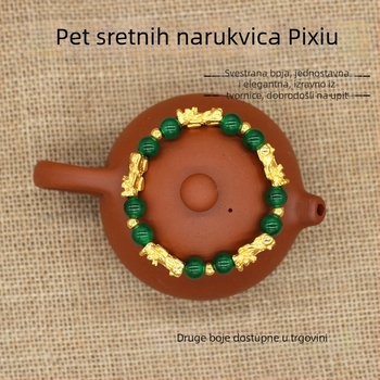 Pixiu narukvica od imitiranog prirodnog jadeita, zelene perle i zlatne perle, ženski etno stil za bogatstvo i sreću