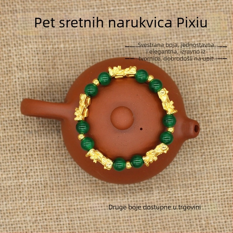 Pixiu narukvica od imitiranog prirodnog jadeita, zelene perle i zlatne perle, ženski etno stil za bogatstvo i sreću