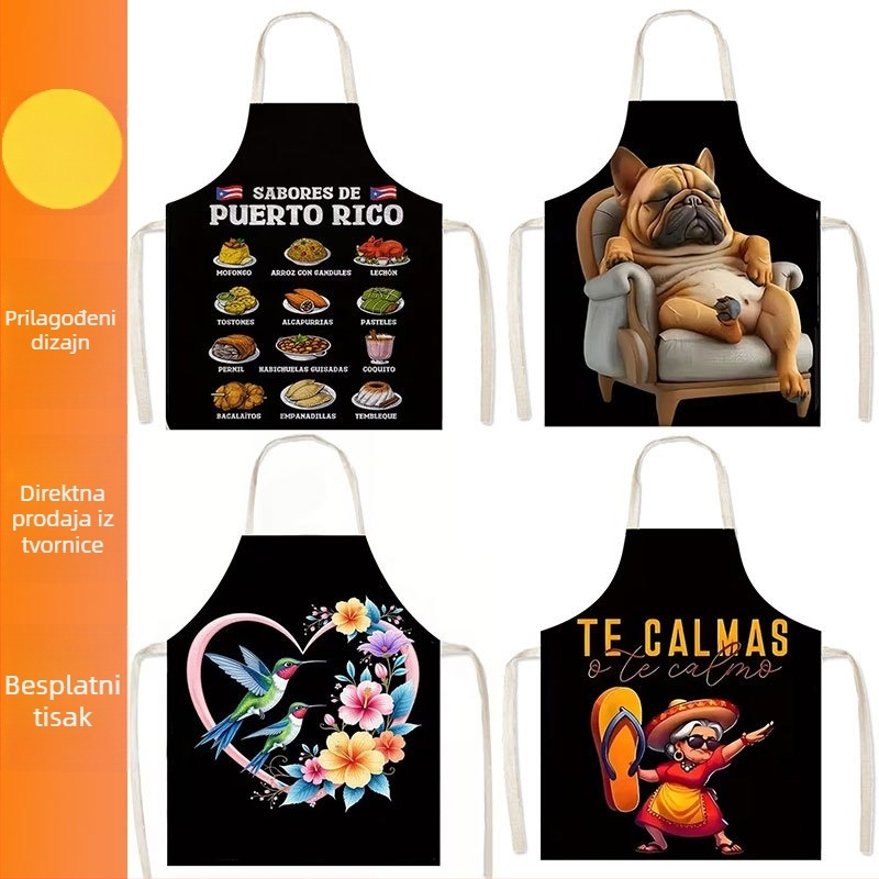 Vodootporna pregača s karikaturnim uzorkom na crnom pozadini, za odrasle, unisex, za kućnu i kuhinjsku upotrebu.
