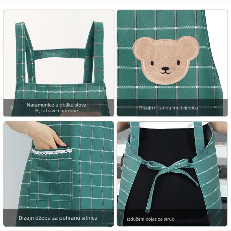 Unisex kuhinjska pregača, vodootporna i otporna na prljavštinu, bez rukava, za kućnu upotrebu, s crtić motivom, od slub pamuka, karirani uzorak, korejski stil
