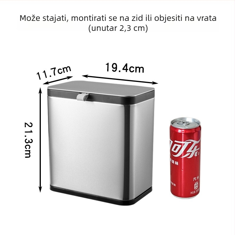 Koš za smeće od nehrđajućeg čelika sa poklopcem, zidni, 7 L, za kuhinju i kupaonicu