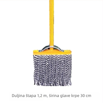Klasični drveni plosnati mop s drvenom ručkom i glavom od pamukovih niti – široka upijajuća glava