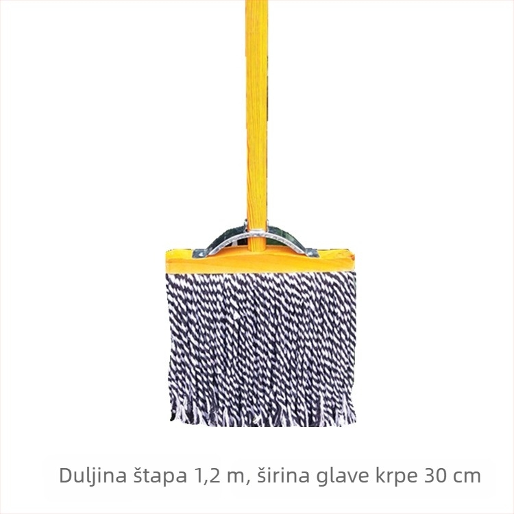 Klasični drveni plosnati mop s drvenom ručkom i glavom od pamukovih niti – široka upijajuća glava