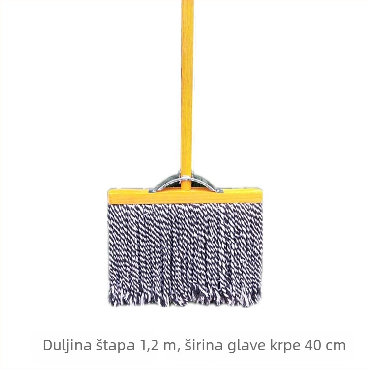 Klasični drveni plosnati mop s drvenom ručkom i glavom od pamukovih niti – široka upijajuća glava