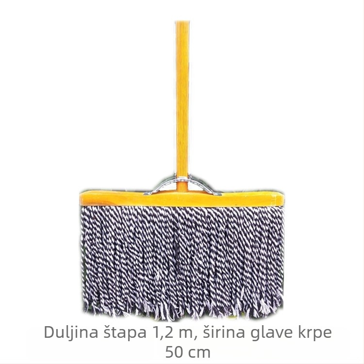 Klasični drveni plosnati mop s drvenom ručkom i glavom od pamukovih niti – široka upijajuća glava