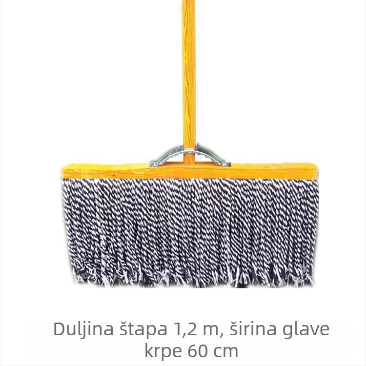 Klasični drveni plosnati mop s drvenom ručkom i glavom od pamukovih niti – široka upijajuća glava
