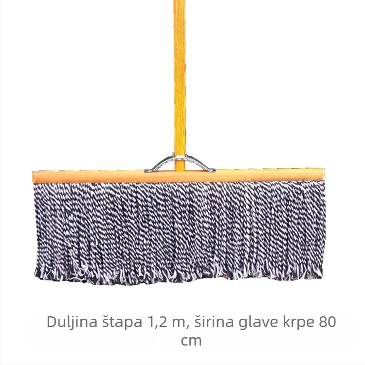 Klasični drveni plosnati mop s drvenom ručkom i glavom od pamukovih niti – široka upijajuća glava
