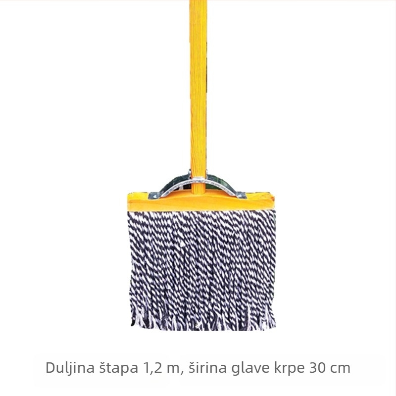 Klasični drveni plosnati mop s drvenom ručkom i glavom od pamukovih niti – široka upijajuća glava