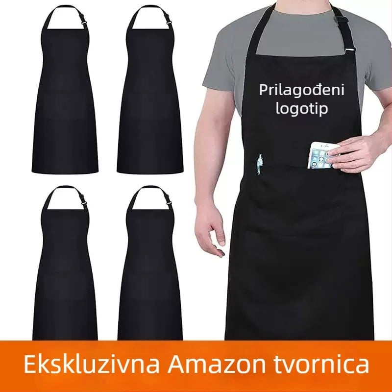 Crna poliesterska kuhinjska zástira s podesivim kaišem za vrat, vodootporna i otporna na masnoće, za kuhinju i ugostiteljstvo, s mogućnošću prilagodbe logotipa