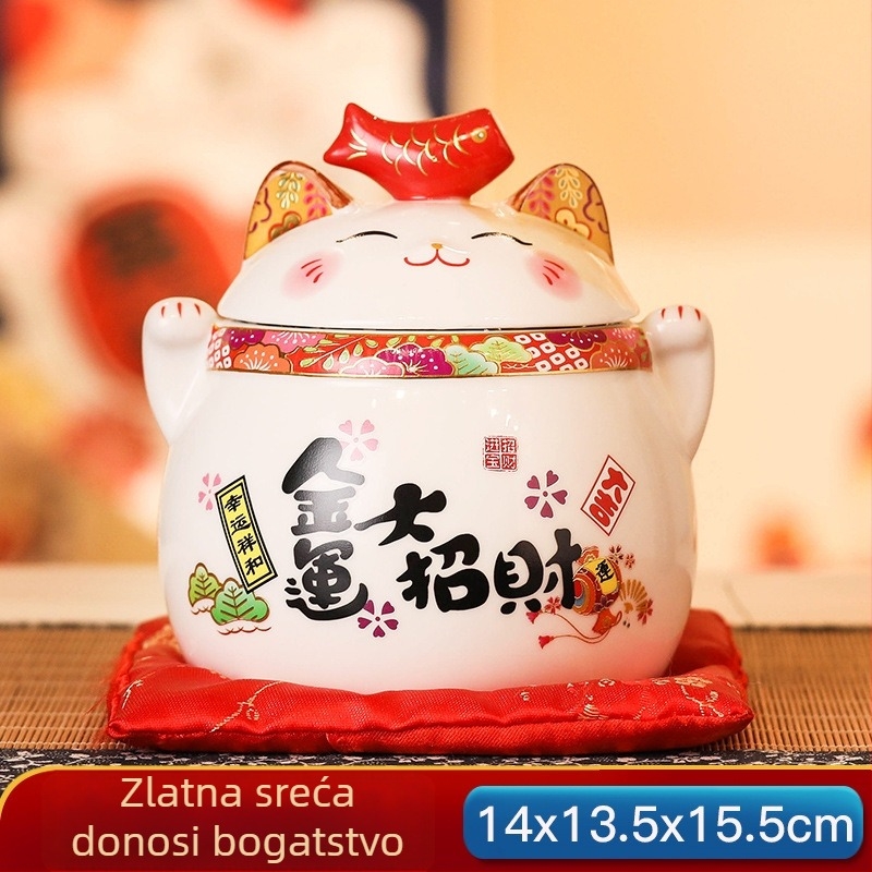Keramički Maneki-Neko s zatvorenim posudom – stolna dekoracija