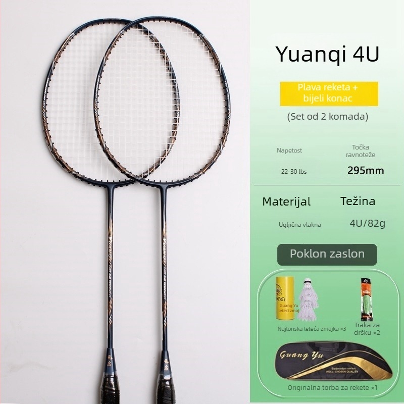 Set od dvije lagane badminton reketa, 4U, potpuno karbonske konstrukcije, za odrasle
