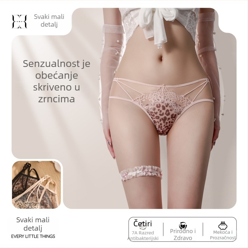 Gaćice s leopard printom i čipkom, prozirni mrežasti materijal, lagane, blok boja, srednje niska talija