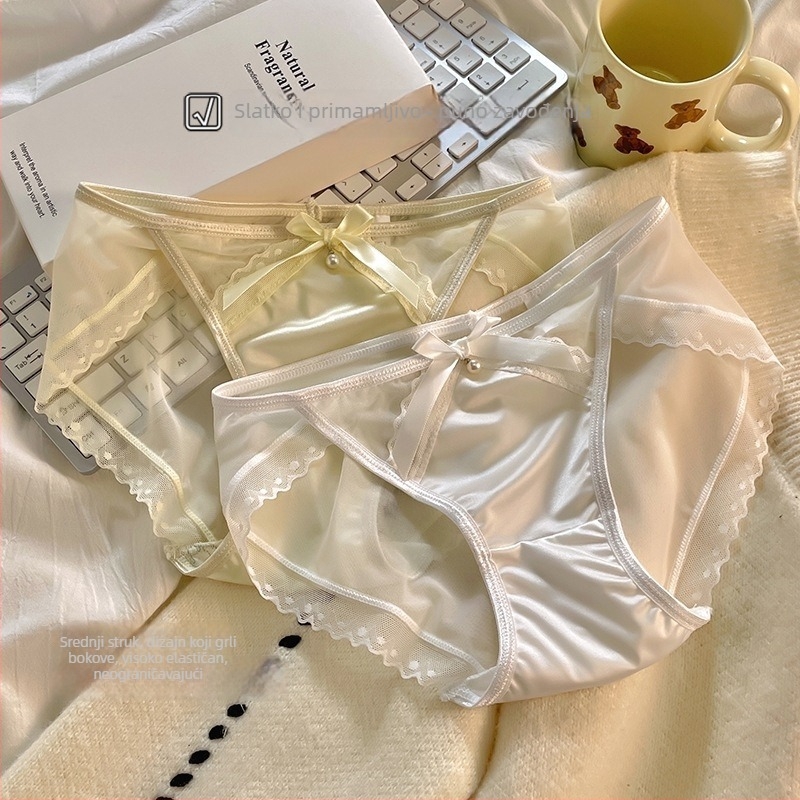 Ženske gaćice srednje visine, pamukova podstava u preponi, čipkasti rub, prozračna mreža, Ice Silk materijal