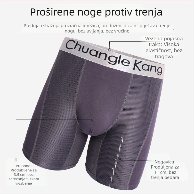 Muške boxerice od mrežaste Ice Silk tkanine s produženom duljinom 11 cm, protiv iritacije, prozračne, za sva četiri godišnja doba, za trening i trčanje