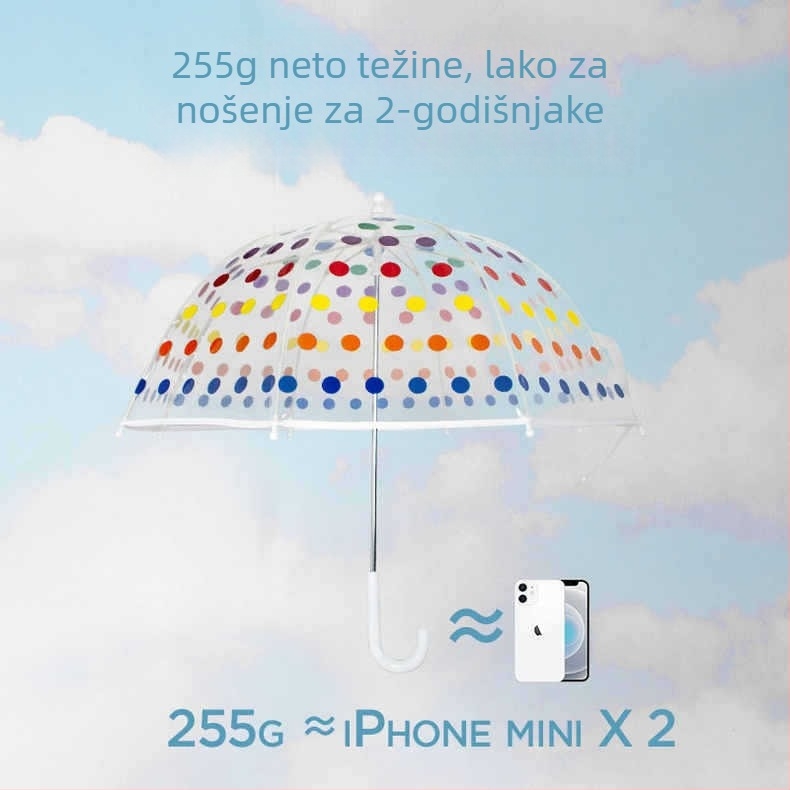 Dječji prozirni kišobran s šarenim točkicama, ultra lagan, ručno otvaranje, lukasti gljiva oblik kišobrana, okvir od vlakana, tisk logotipa