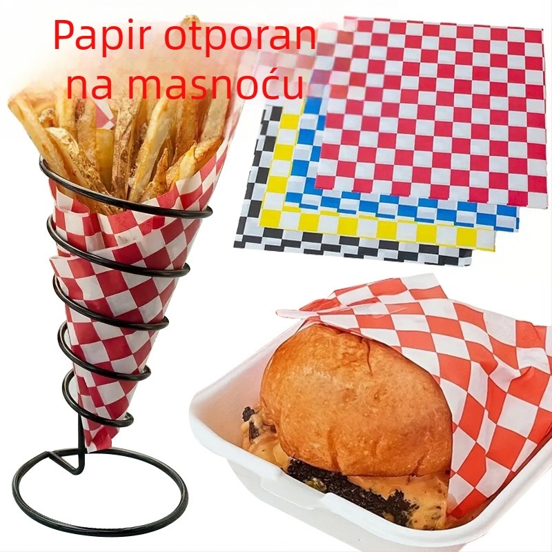 Šarena papir za pečenje s uzorkom šahovnice, otporan na masnoću, 100 listova – za kolače, kruh, pomfrit, prženu piletinu i burgere