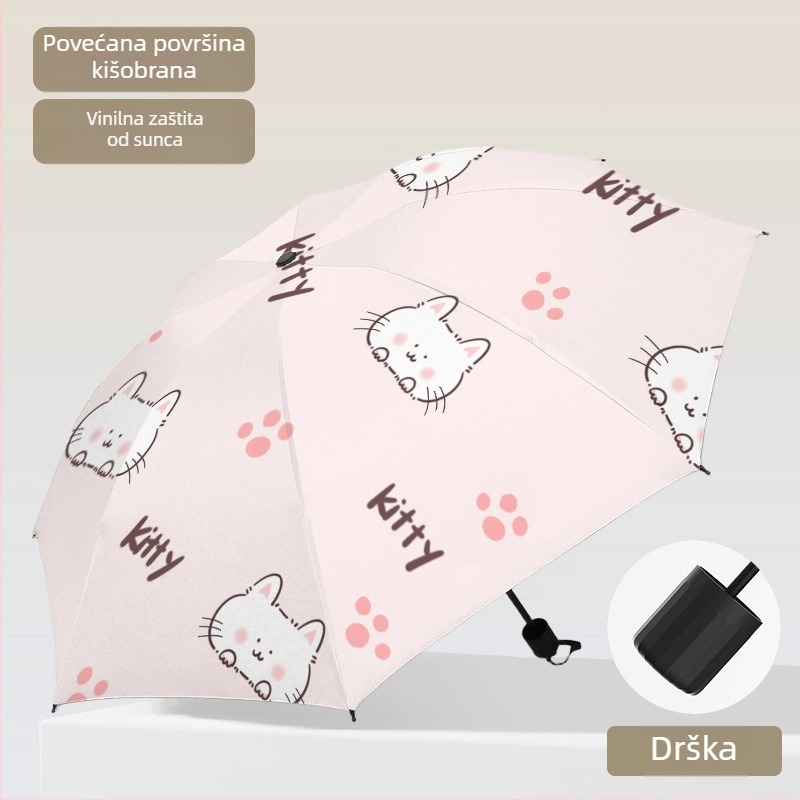 Sklopivi potpuno automatski kišobran za kišu i sunce s UV zaštitom, INS stil, dar za djevojke na kampusu Kitty mačka