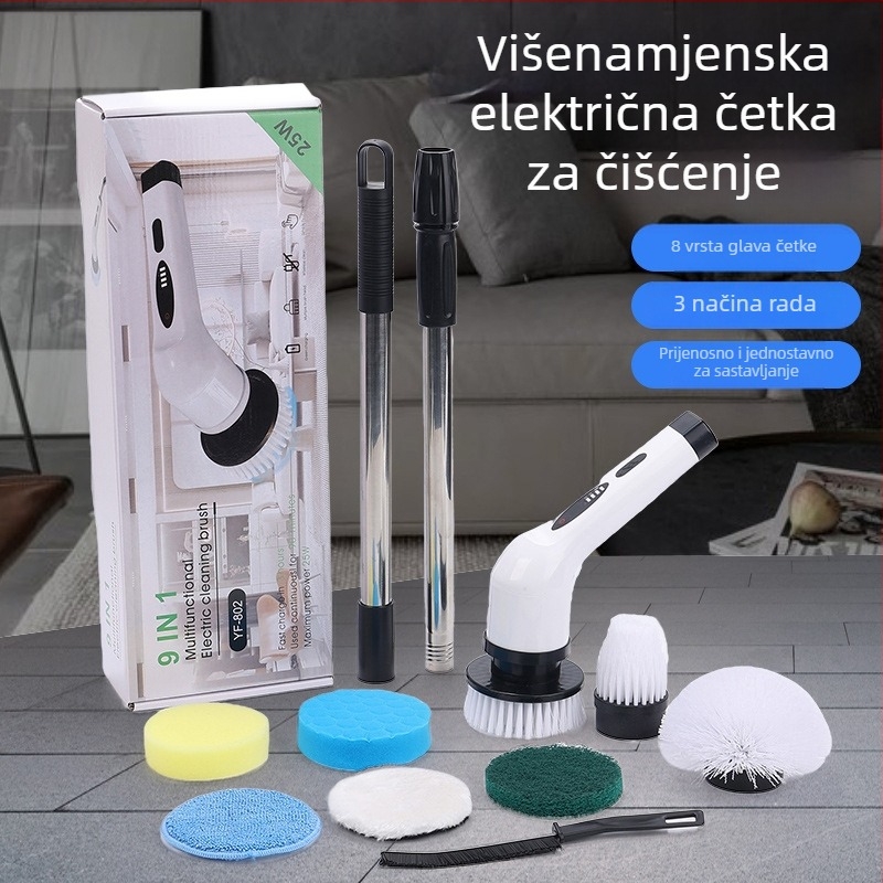 Električni mop s višestrukom četkom za čišćenje, zamjenjiv i odvojiv, za kućnu upotrebu — kuhinja i kupaonica.