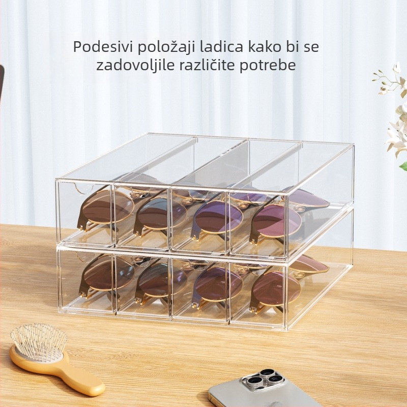 Akrilna kutija za naočale, četiri sloja, stolni izložbeni i skladišni držač s pregradama, otporan na prašinu