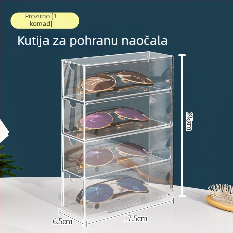 Akrilna kutija za naočale, četiri sloja, stolni izložbeni i skladišni držač s pregradama, otporan na prašinu