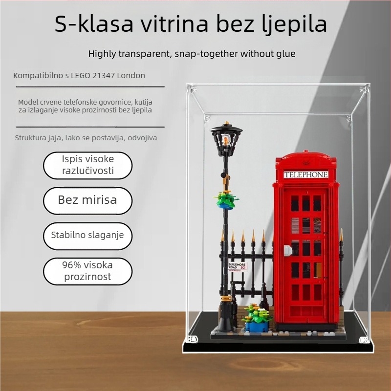 Akrilno izložbeno kućište LEGO 21347 London Red Phone Booth, prozirna kutija za zaštitu od prašine