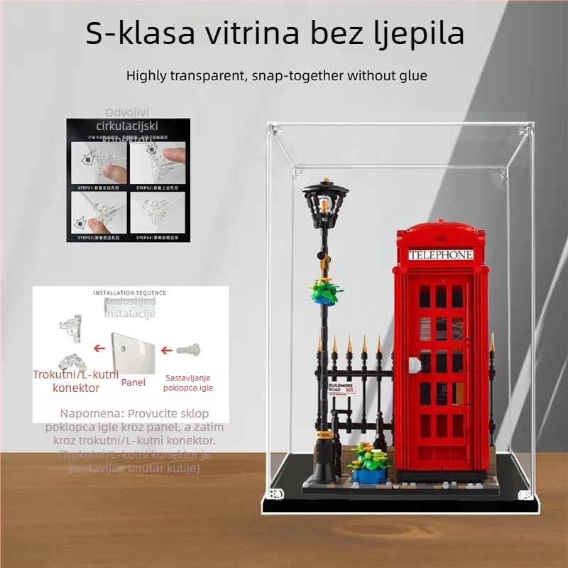 Akrilno izložbeno kućište LEGO 21347 London Red Phone Booth, prozirna kutija za zaštitu od prašine