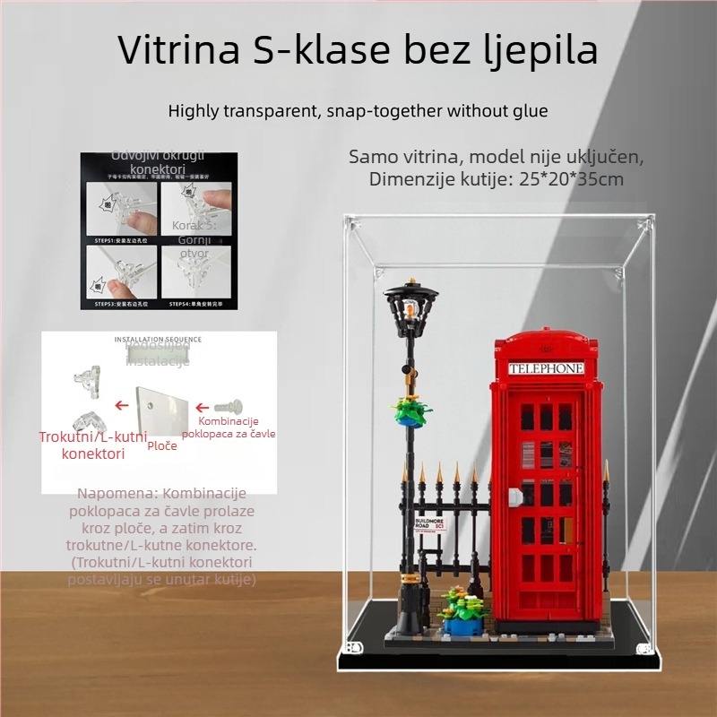 Akrilno izložbeno kućište LEGO 21347 London Red Phone Booth, prozirna kutija za zaštitu od prašine
