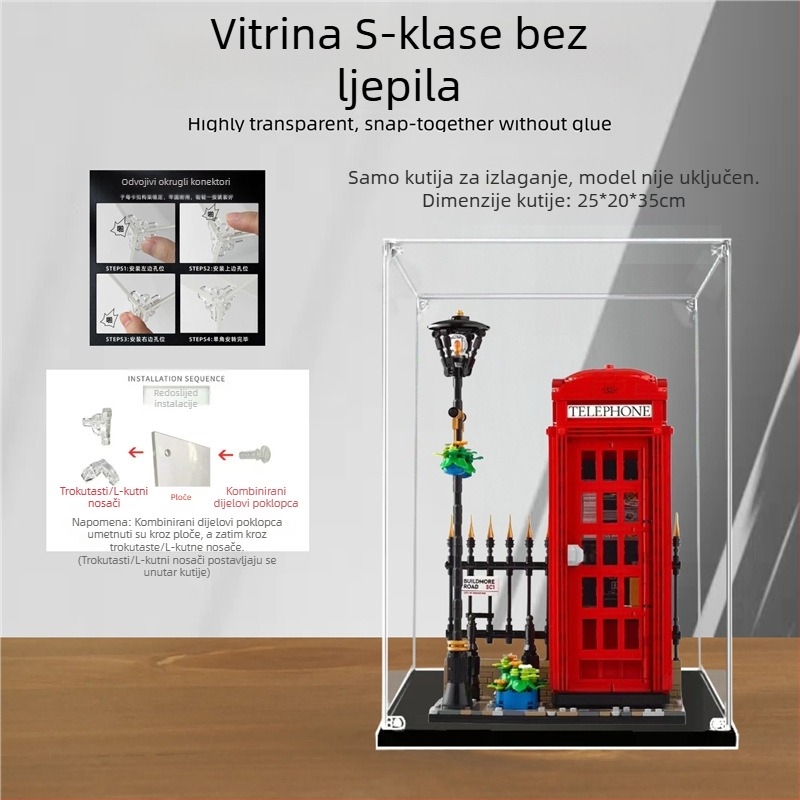 Akrilno izložbeno kućište LEGO 21347 London Red Phone Booth, prozirna kutija za zaštitu od prašine