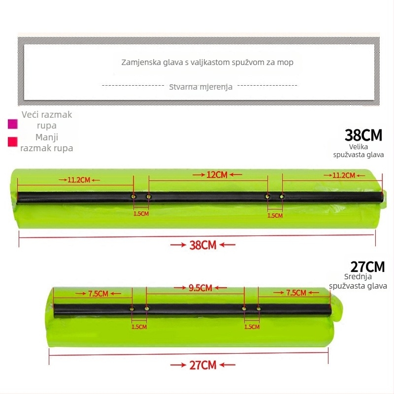 27 cm valjkasta glava za mop, 38 cm stlačena špongasta glava, zamjenska PVA apsorpcijska glava, dodaci za mop