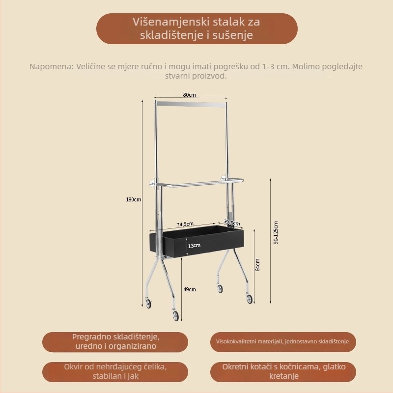 Stalni drveni vješalica za odjeću, moderni minimalistički dizajn, prijenosni ormar za spavaću sobu
